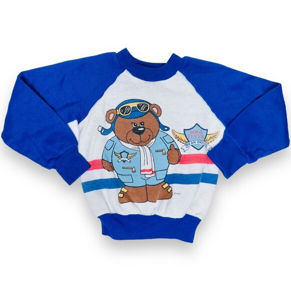 Vintage 1980s Toddler Aviator Pilot Teddy Bear Sweatshirt Sweater Shirt 3T - Picture 1 of 11